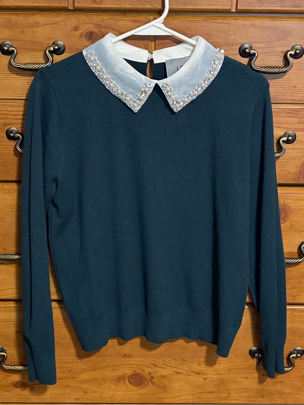 Embellished Peter Pan Collar Sweater - Dark Teal